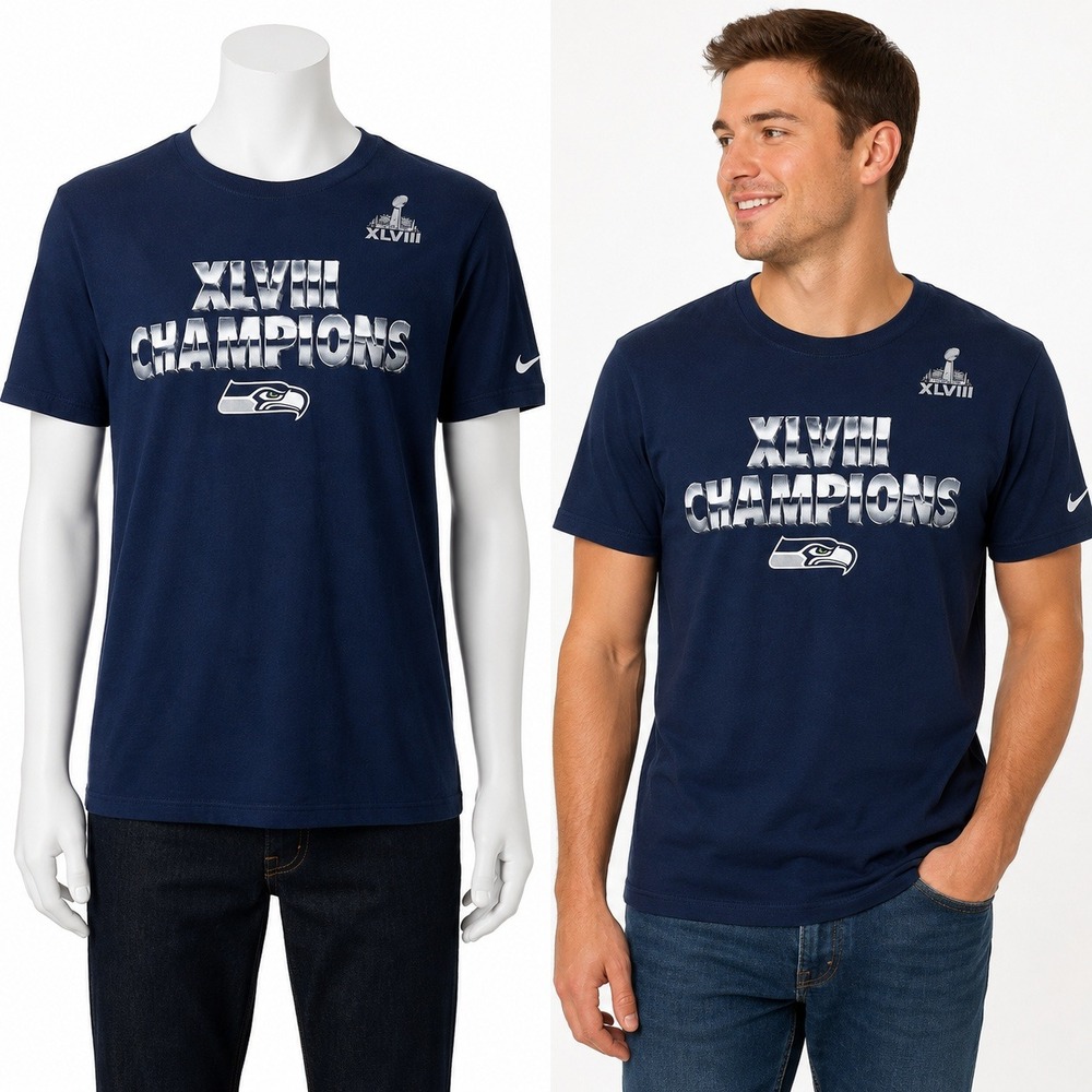 Nike Seattle Seahawks Super Bowl XLVIII Champions Shirt Mens M 2014 NFL Navy